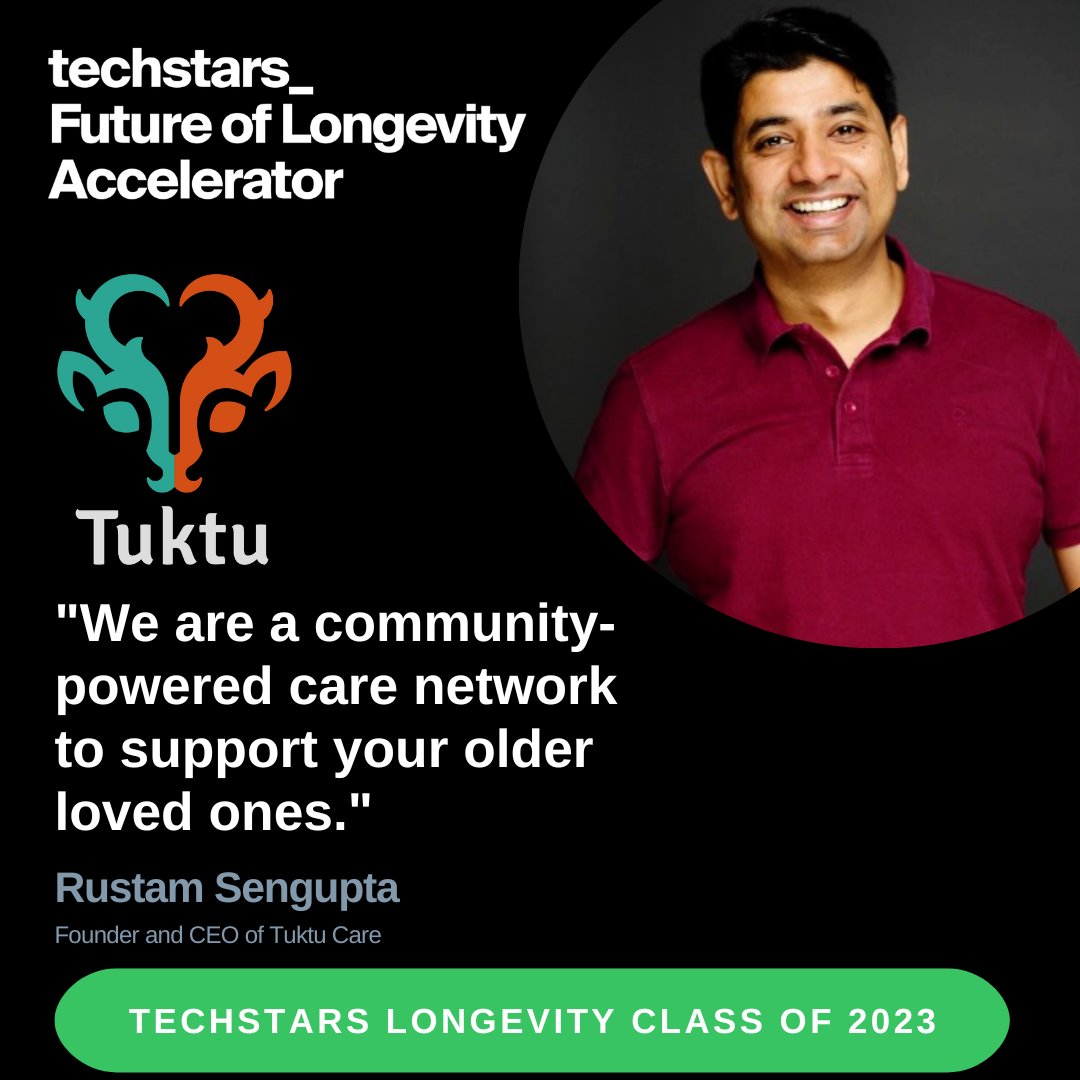 Techstars Future of Longevity Accelerator (@ts_longevity) on Twitter photo Meet the founders that make up the #TechstarsLongevity Class of 2023. We are spotlighting one company per day for 10 weekdays and today is DAY 7! Meet <a href="/CareTuktu/">Tuktu Care</a> founded by <a href="/RustamSengupta/">Rustam Sengupta</a> and <a href="/MehakKahlon/">Mehakdeep Singh</a>.
<a href="/Techstars/">Techstars</a> <a href="/pivotalventures/">Pivotal Ventures</a> Meet the founders that make up the #TechstarsLongevity Class of 2023. We are spotlighting one company per day for 10 weekdays and today is DAY 7! Meet <a href="/CareTuktu/">Tuktu Care</a> founded by <a href="/RustamSengupta/">Rustam Sengupta</a> and <a href="/MehakKahlon/">Mehakdeep Singh</a>.
<a href="/Techstars/">Techstars</a> <a href="/pivotalventures/">Pivotal Ventures</a>