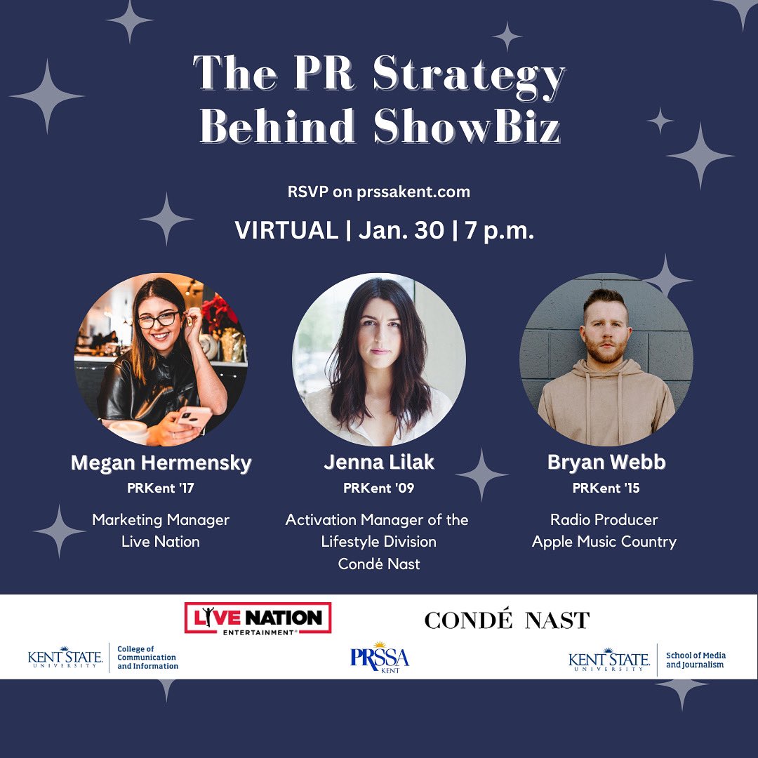 Join us for our 🎉FIRST MEETING OF THE SEMESTER🎉 where we will get the inside scoop about entertainment PR!🎸📰🎤

#publicrelations #applemusic #livenation #condénast #kentstate #entertainment #prssa #virtual