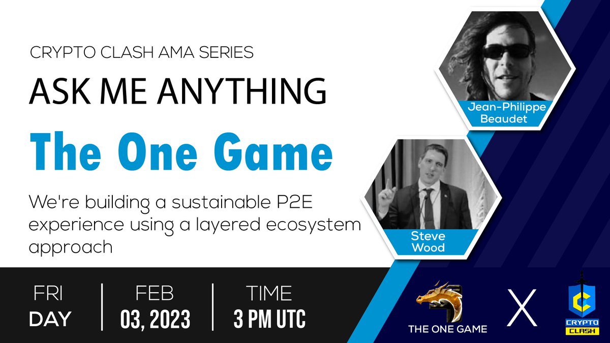 Crypto Clash (@cryptoclash1) on Twitter photo ⚔️AMA Series With The One Game
🎁Prize: 100$ USDT
📆Date: February 3rd 2023 3 PM UTC
🏨 Venue: t.me/cryptoclashglo…
〽️ Rules:
1️⃣. Follow
<a href="/CryptoClash1/">Crypto Clash</a>
&
@OGInitiative
2️⃣. Like Retweet & Comment Your Questions (5 Questions Max) Tag 3 friends. ⚔️AMA Series With The One Game
🎁Prize: 100$ USDT
📆Date: February 3rd 2023 3 PM UTC
🏨 Venue: t.me/cryptoclashglo…
〽️ Rules:
1️⃣. Follow
<a href="/CryptoClash1/">Crypto Clash</a>
&
@OGInitiative
2️⃣. Like Retweet & Comment Your Questions (5 Questions Max) Tag 3 friends.