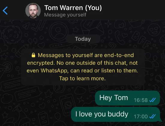 Dynavate's tweet photo. If you talk to yourself in the mirror every morning,  then you might enjoy this new #WhatsApp feature more than most.  Also, it's an excellent #feature for reminders 😃

https://t.co/9FmUf3uJqA https://t.co/RWaL8OsRtE