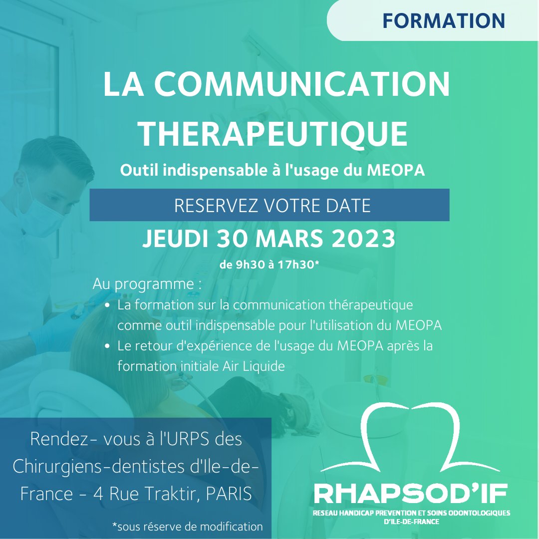 rhapsodif's tweet photo. RHAPSOD’IF organise une formation le 30 Mars 2023 de 9h30 à 17h30* dans les locaux de l’URPS Chirurgiens Dentistes d'Île-de-France.

Elle s'adresse aux assistants dentaires et chirurgiens-dentistes ayant reçu une formation "MEOPA".
infos : formation@rhapsodif.fr https://t.co/ec1KpCO6hV
