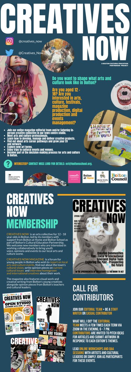 Creatives_Now's tweet image. NEW OFFERS: (1) Online creative magazine run by teenagers for teenagers - editorial team &amp;amp; contributors needed. (2) Film/VR/AI discussion - perfect careers input. Weds 1 Feb. (3) We're open for new studio membership too. See flyers for details! Sign up: forms.gle/gmhBEhqJ1LEqGc….