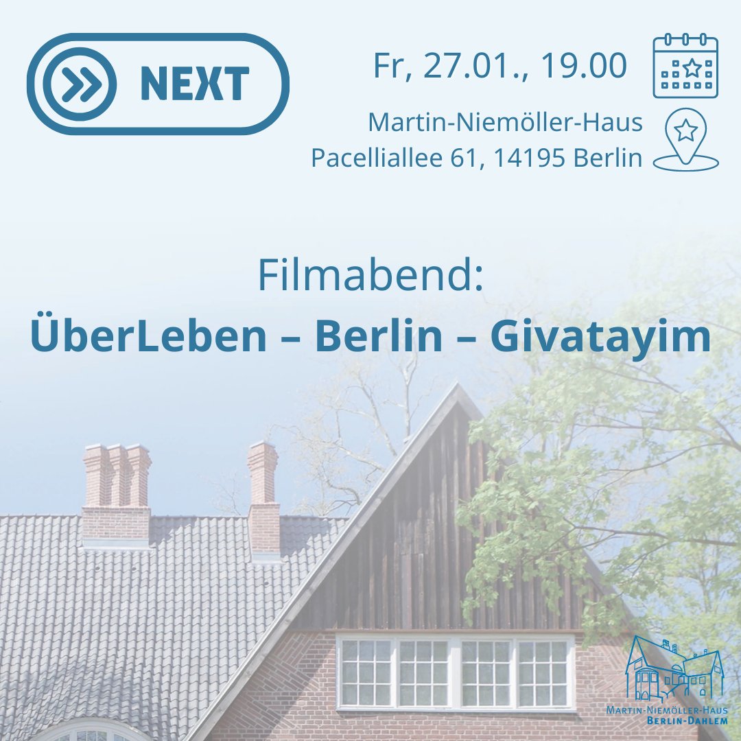 Einladung zum Filmabend:
Anlässlich des Internationalen Tags des Gedenkens für die Opfer des Nationalsozialismus zeigen wir den Film „ÜberLeben – Berlin – Givatayim“ im Beisein der Filmemacherin Anat Manor.
<a href="/KirchenkreisTZ/">Teltow Zehlendorf</a> @ekbo_de