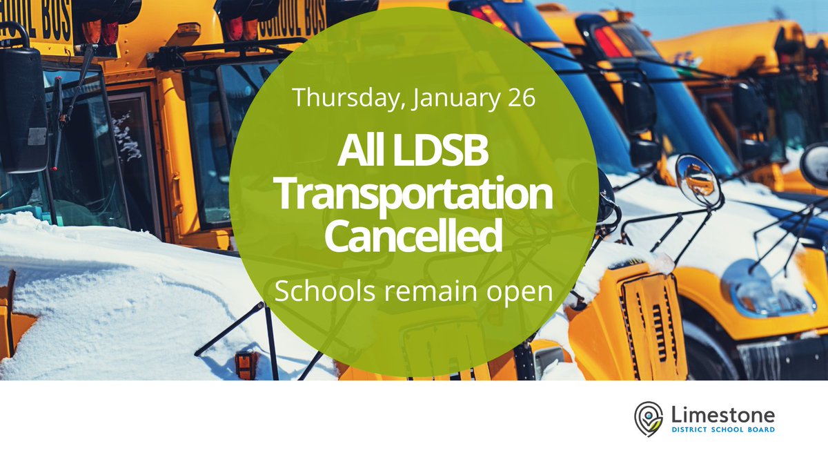 Jan 26: ALL LDSB school transportation is cancelled today. LDSB schools remain open. If families choose to drive students to school, they must pick them up at regular dismissal time. Stay safe, everyone!