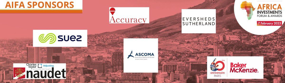 We are looking forward to meeting you on the <a href="/AIFA2023/">Africa Investments Forum & Awards - AIFA</a> !
It is a pleasure to introduce you the #sponsors of this 6th edition: 

🥂 <a href="/ESgloballaw/">Eversheds Sutherland</a> 

🥂 GROUPE ASCOMA

🥂 Accuracy  

🥂 <a href="/suez/">SUEZ</a> 

🥂 <a href="/bakermckenzie/">Baker McKenzie</a> 

Save the date and register now > africa-ifa.com/en/inscription…