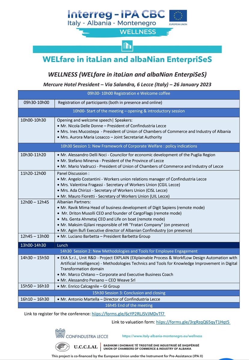 #26gennaio Il Segretario Generale @AdaChirizzi interviene alla giornata di approfondimento sul tema 'Welfare, innovazione e business', organizzata da @ConfindustriaLe nell'ambito del progetto WELLNESS Interreg-IPA CBC Italia Albania. #benessere #lavoro @CislNazionale @CislPuglia