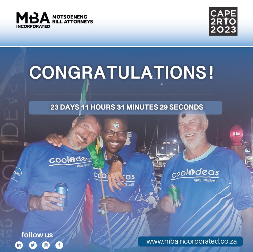 motsoeneng_bill's tweet photo. Congratulations to Team Nemesis!!

Early hours this morning The Nemesis team crossed the finishing line at the Cape 2 Rio
Yacht Race

We are happy to have everyone safe and sound in Rio.

A heartfelt congratulations to @MotsoenengBill, our Managing Partner… https://t.co/Dg4P3eLfHZ