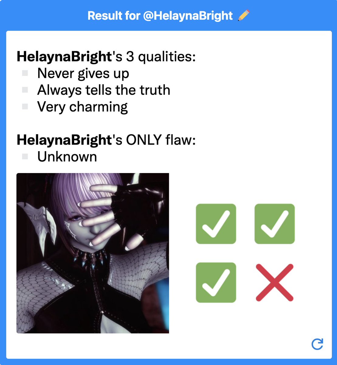 HelaynaBright's tweet photo. I didn't know there was a flawless option - but I'm not surprised ;)....ok I am. I am very surprised.

| #FFXIVSnaps |#Femaleaura | #AuRaRaen |#3qualities1flaw |#toasteed |
https://t.co/u0HQjvtCNr https://t.co/rgDfOW0sok