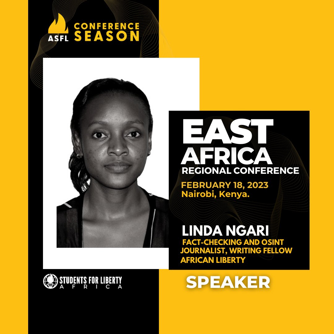 AfricanSFL's tweet photo. We are happy to introduce to you our second speaker, Linda Ngari. She is a Fact-Checking and OSINT journalist based in Nairobi and a Writing Fellow at African Liberty.
Register now via https://t.co/XslAYNgGdH
February 18, 2023
#African #EARC23 https://t.co/4hxvOe3mkC