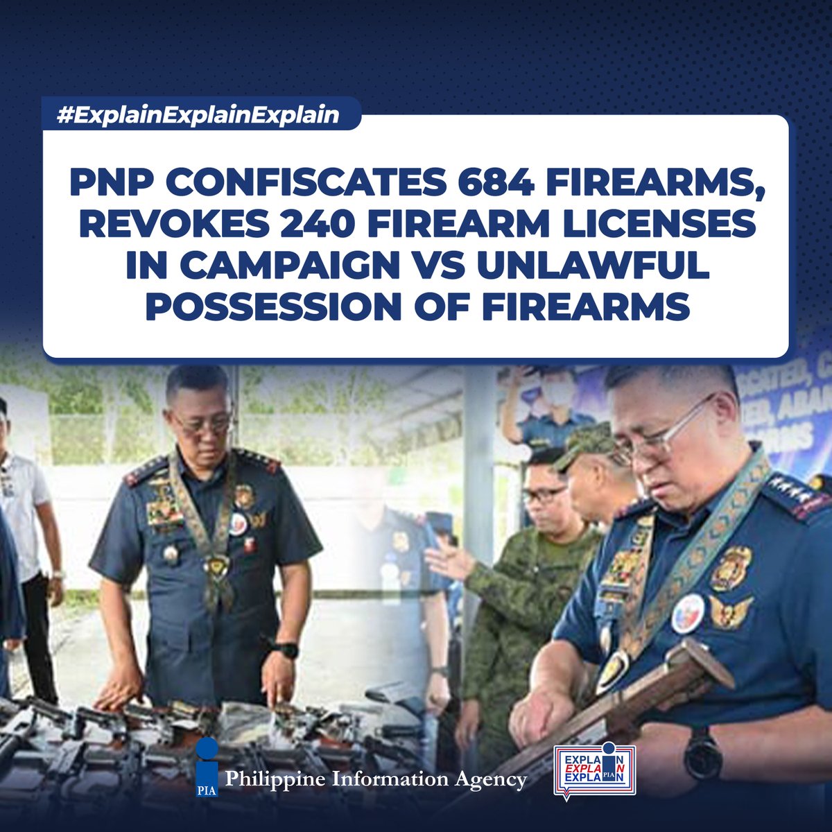 PIADesk's tweet photo. TULOY ANG LABAN KONTRA KRIMEN

The PNP revoked 240 firearm licenses and confiscated 684 firearms registered under licenses which were found to be involved in various violations and crimes over the past four years.

READ: https://t.co/wMJnaqM8GW https://t.co/gchA5QWm7M