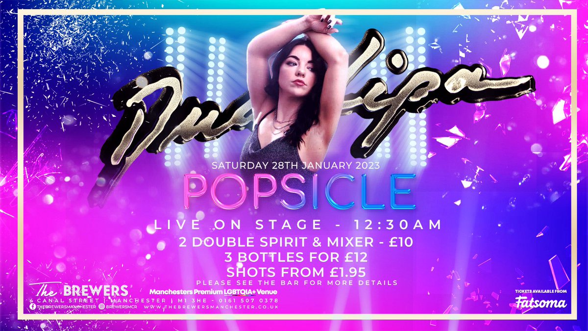 10pm this Saturday popsicle returns with brand new amazing drink deals and the incredible Do It like Dua tribute! Don't miss out!✨ FREE ENTRY🎟️

 #Manchester #canalstmanchester #canalstreetmanchester #manchestercanalstreet #visitmanchester #manchesterbars  #gayvillagemanchester