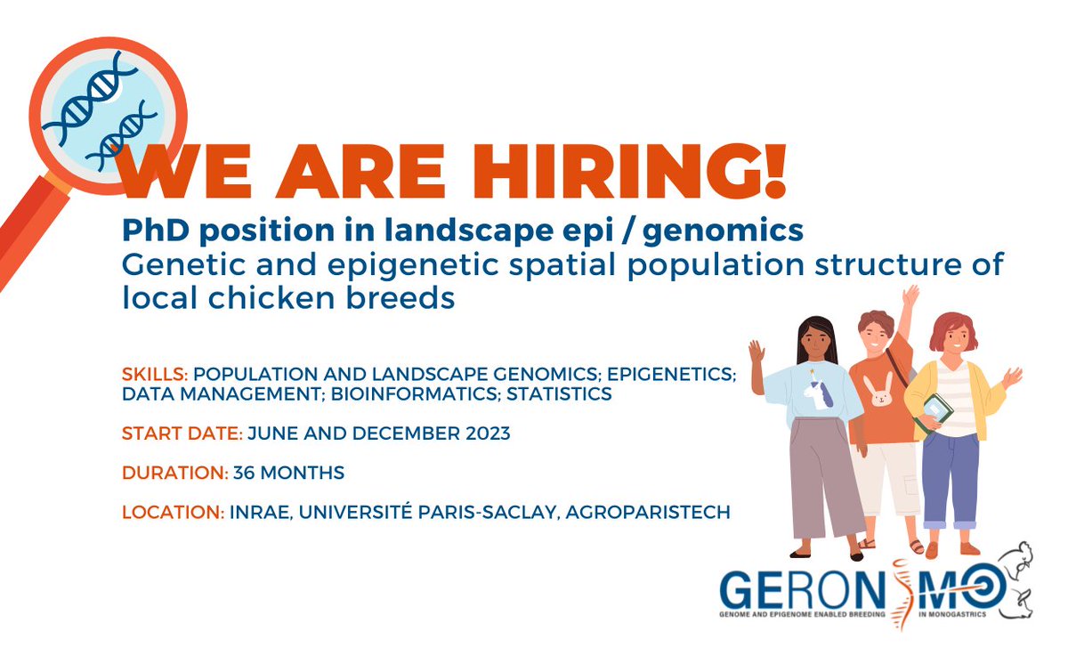 🔎#JobAlert!

🧬Do you wanna join to the  #GEroNIMO team in France🇫🇷?

👩‍🔬We open a Ph.D. position in landscape epi/genomics.

✍️Check the job offer and apply here: cutt.ly/49ntgMx

#AnimalGenetics #EUFunded #H2020