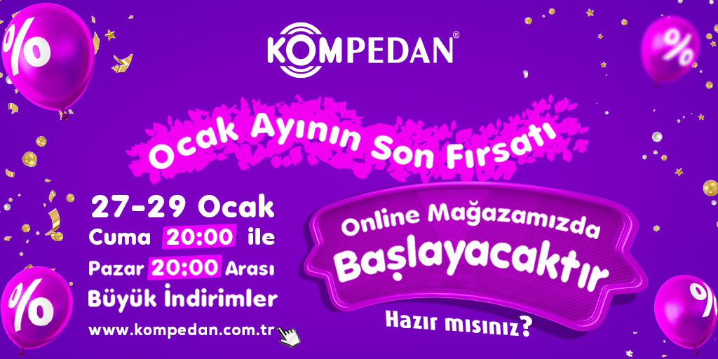 Ocak Ayının Son Fırsatı Kompedan’da! 27-29 Ocak Cuma 20:00 ile Pazar 20:00 arası Büyük İndirimler Online Mağazamızda Başlayacaktır. Bizi takip etmeyi unutmayın.
#sürprizindirimler #indirim #indirimliürünler #komprdan #kadinicgiyim #erkekiçgiyim #çocukiçgiyim #evgiyim #fırsat