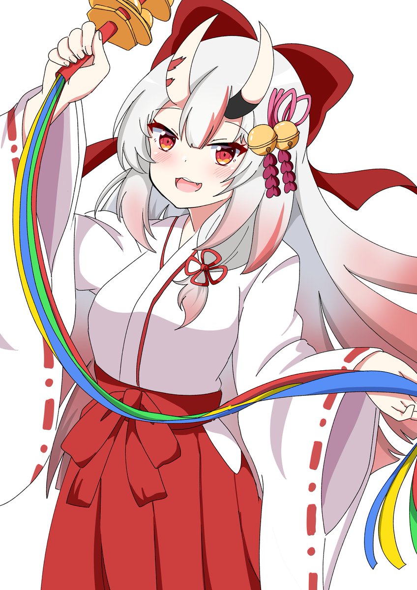 nakiri ayame 1girl horns solo oni horns japanese clothes bell red eyes  illustration images