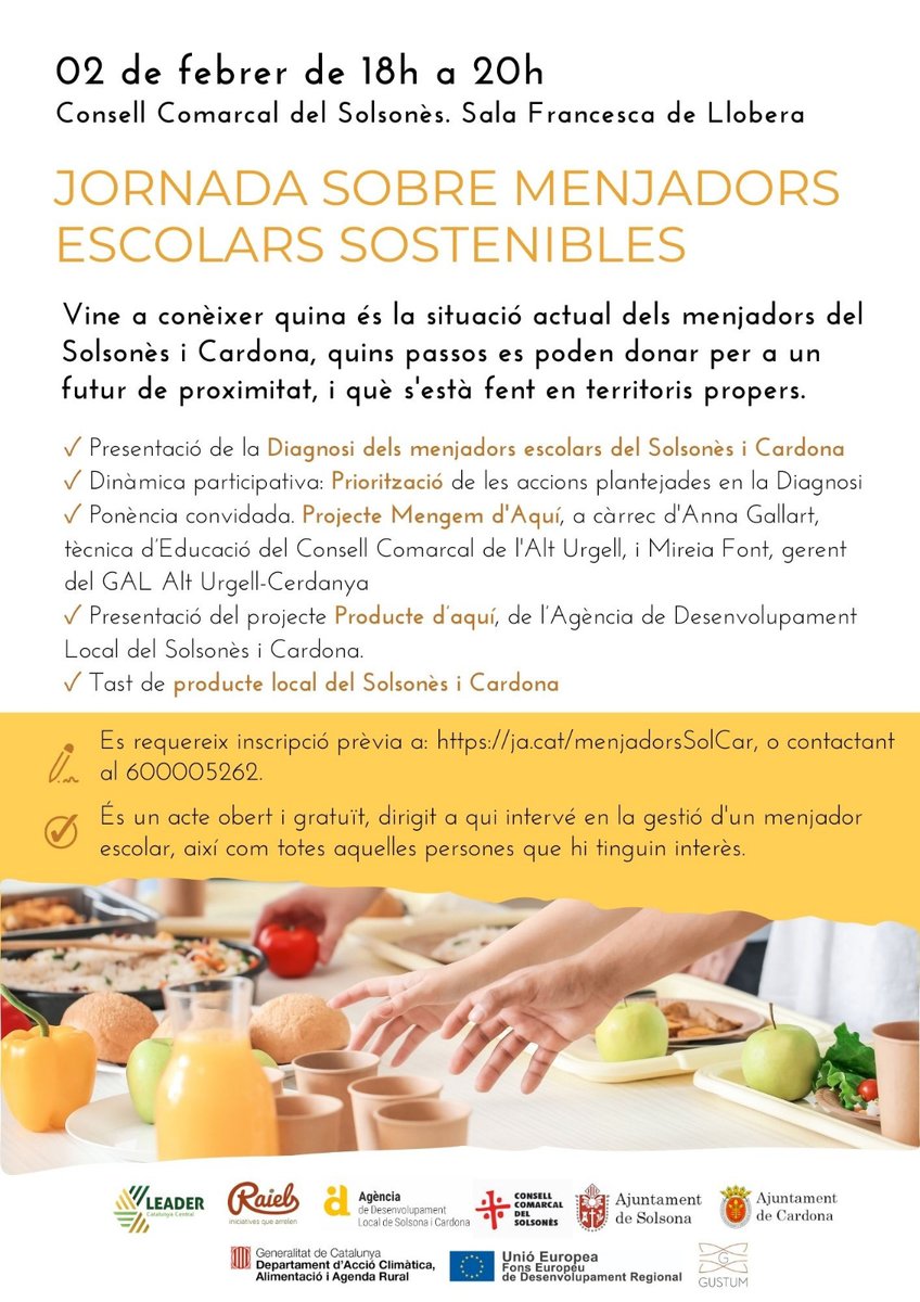 Solsona acull una jornada sobre menjadors escolars sostenibles i avançar en el consum de producte local. La convocatòria, oberta i gratuïta, serà al Consell Comarcal del Solsonès el 2 de febrer de 18 a 20 h
Inscripcions: ja.cat/menjadorsSolCAr 

#SolCar #LeaderCatCentral