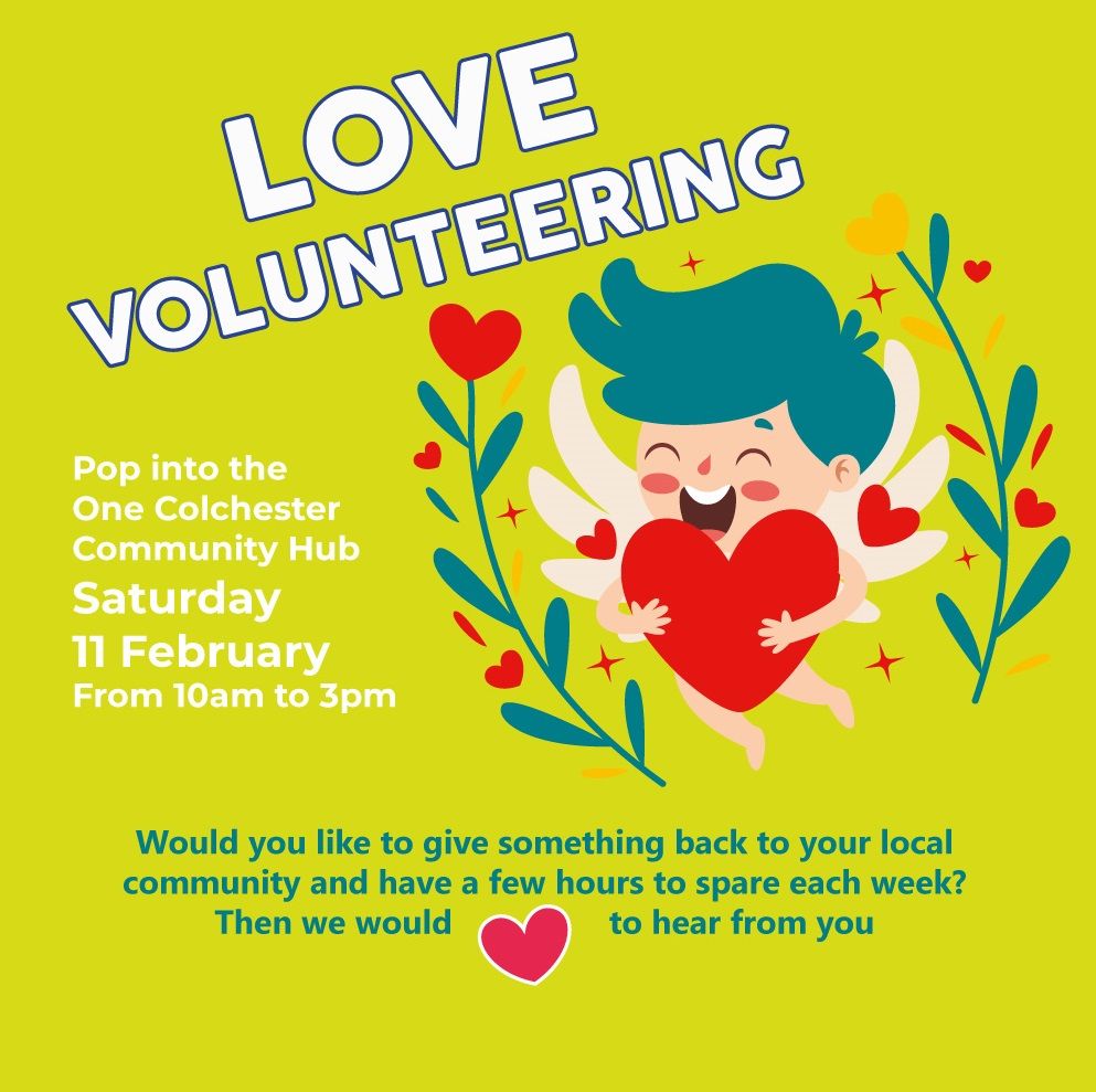 Pop into the One #Colchester Community Hub 
Saturday 11 February
From 10am to 3pm 
<a href="/Community360org/">Community360</a> #volunteering