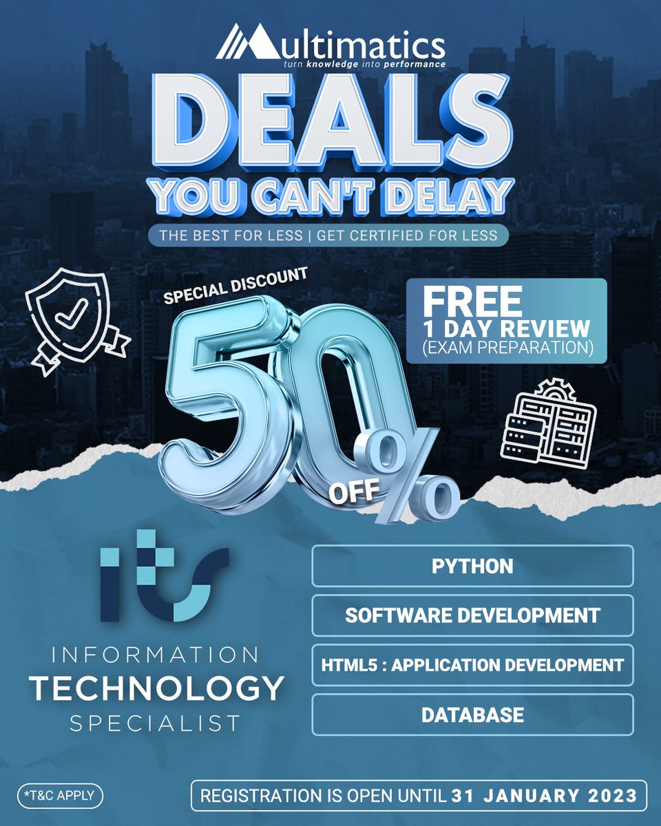 Multimatics_ID's tweet image. Promo 50% OFF untuk sertifikasi IT Specialist!
Contact us at:
wa.me/6287781233050
#SoftwareDeveloper #lokerprogrammer #codingskill #webdeveloper #html5 #phyton