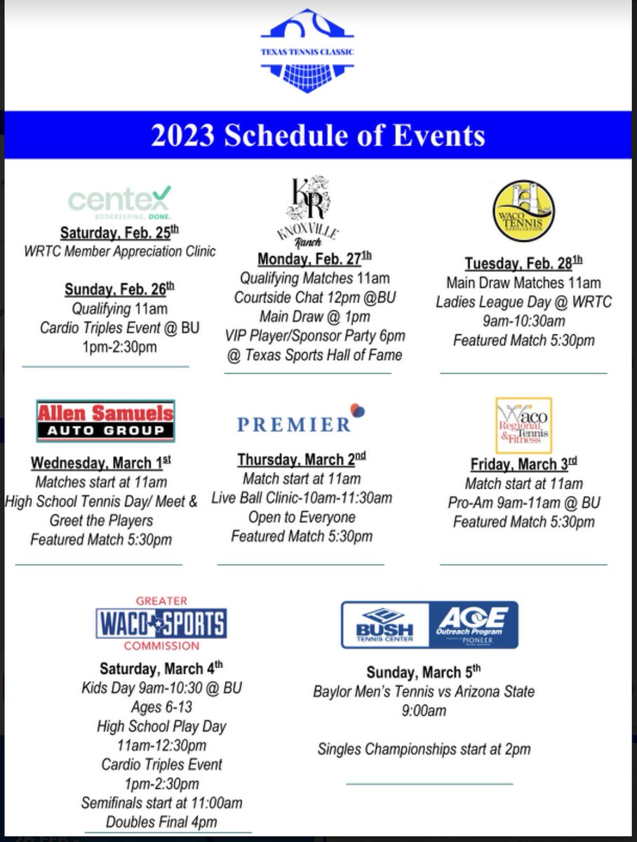 Exciting outreach, clinics, and more happening during the tournament! Head online to check them out! Texastennisclassic.com  #tennislife #tennisclinics #wacotennis <a href="/WacoChamber/">Greater Waco Chamber</a> <a href="/WacoTennis/">Waco Regional Tennis</a> <a href="/BaylorMTennis/">Baylor Men’s Tennis</a> <a href="/espn/">ESPN</a> <a href="/kwtx/">KWTX News 10</a> <a href="/iHeartRadio/">iHeartRadio</a>