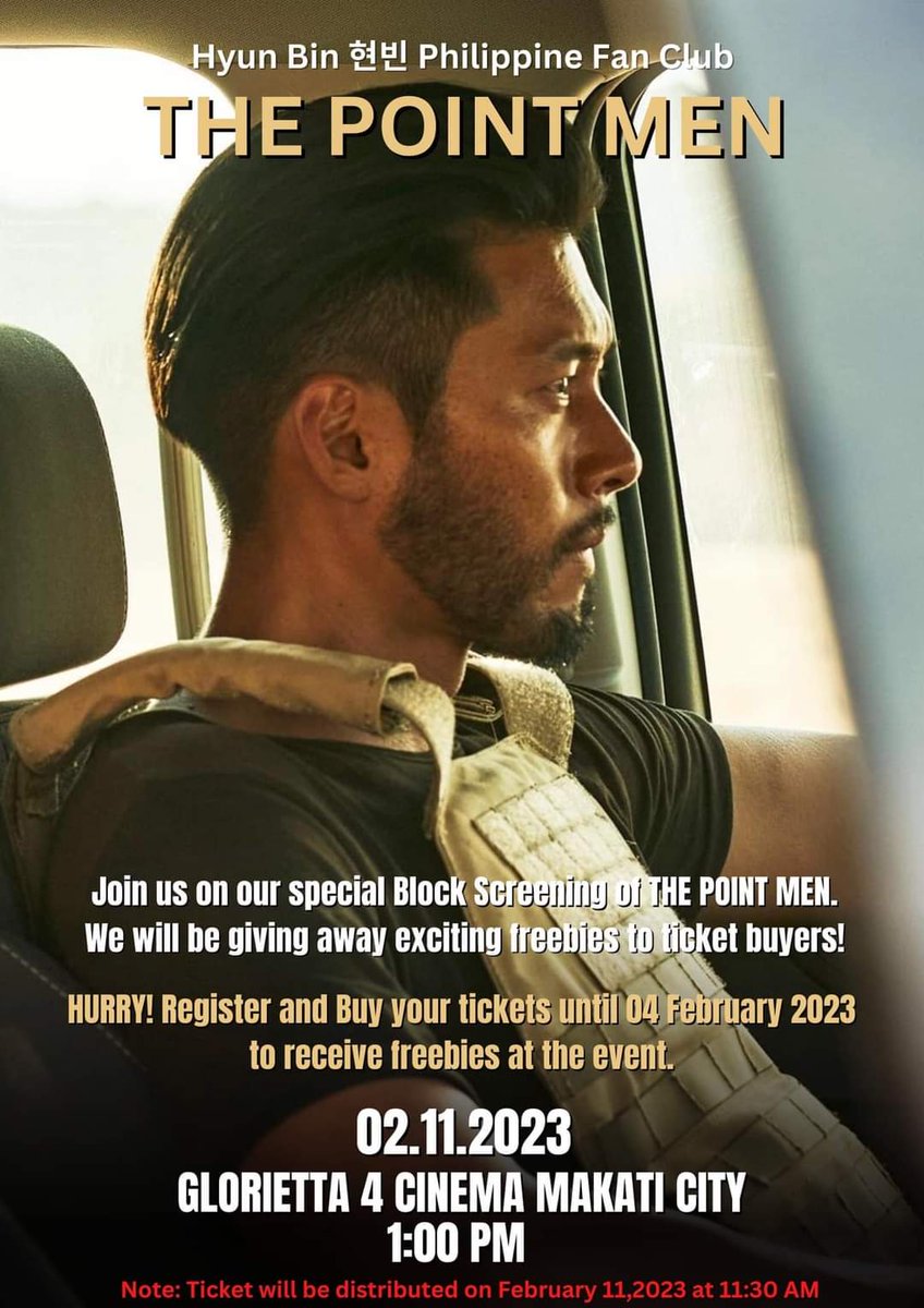 HyunBinPHFans's tweet photo. Don't miss the fun! Come join your fellow Binnians, Binnies and BinJins in watching the special block screening of The Point Men on February 11 at Glorietta 4 Cinema. 

Click and Register NOW! 

https://t.co/CscoFbFlWO

#현빈 
#HyunBin
#Harbin 
#BinJin 
#ThePointMen 
#ParkDaesik https://t.co/OY31euXK4W