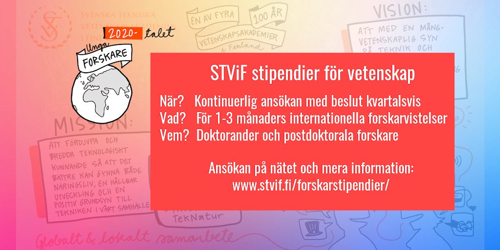 <a href="/STViF1/">STViF</a> stipendier för unga forskare kan sökas. Sikta högt, välj platsen för vistelsen enligt: här har jag alltid önskat forska!  Skicka in ansökan innan slutet av mars o du får besked inom april. 
Närmare info &amp; ansökan:  stvif.fi/forskarstipend…
#vetenskap #ungaforskare