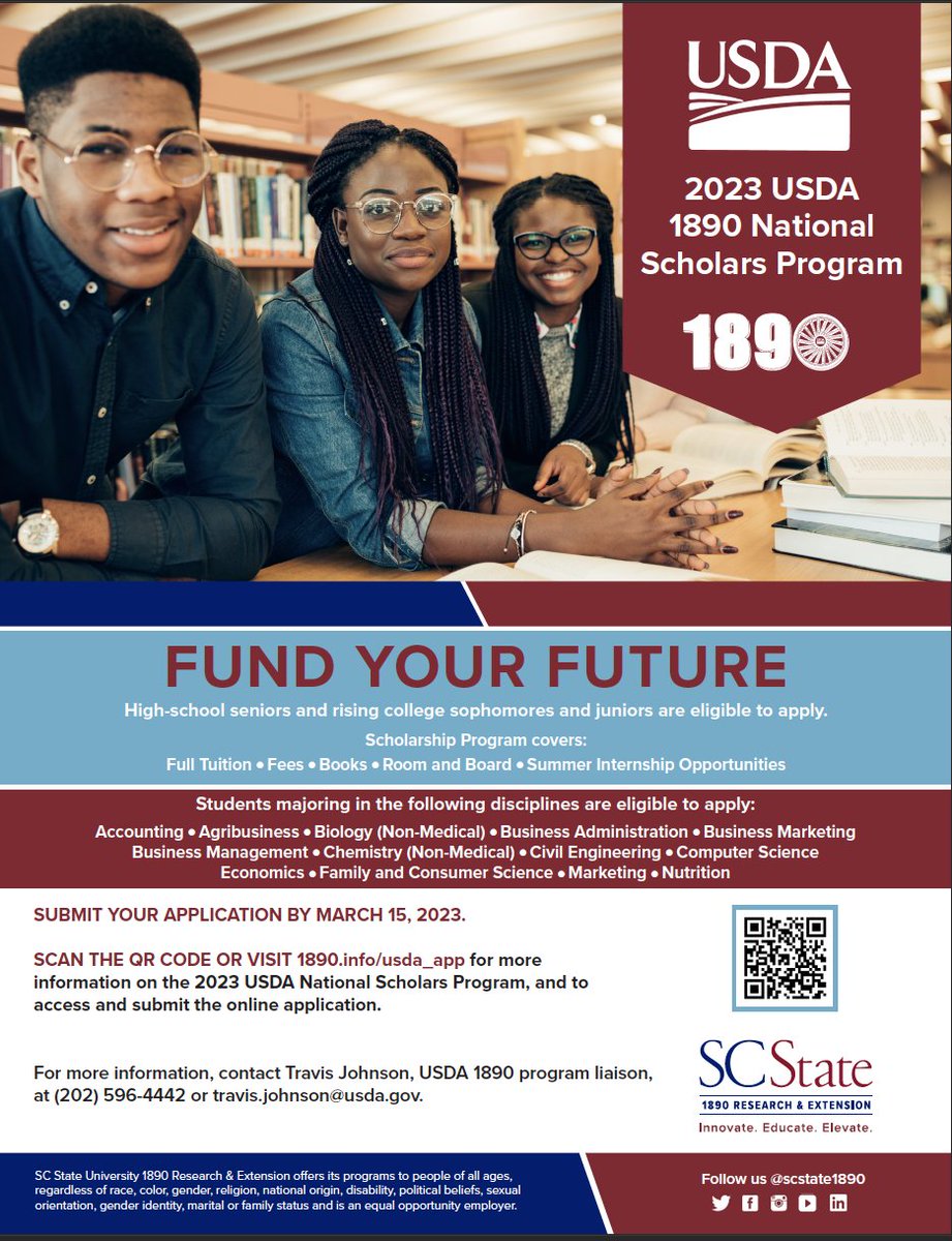 SCState1890's tweet photo. Did someone say FREE money!? 🎓💰 
#SCState1890 in partnership with 
@USDA is now accepting applications for the 2023 USDA 1890 National Scholars Program.

🗓Fund your future and apply by the March 15 deadline!
Apply here: https://t.co/328XLCpLCX https://t.co/c01V6Trl1a