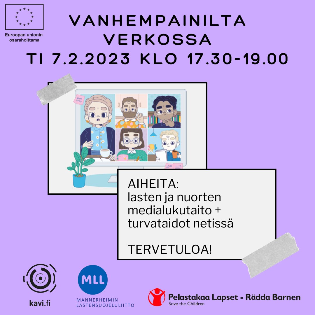 Vilkkaa vanhemmille 👉 #Mediataitoviikko vanhempainillan aiheena ovat lasten ja nuorten #medialukutaito, turvataidot netissä, nettikiusaaminen sekä pelikasvatus. Lisäkseni puhumassa ovat @nettiguru KAVIsta sekä <a href="/MLL_fi/">Mannerheimin Lastensuojeluliitto</a> ja <a href="/pelastakaalapse/">Pelastakaa Lapset</a> asiantuntijat.

lyyti.fi/reg/FISIC_vanh…