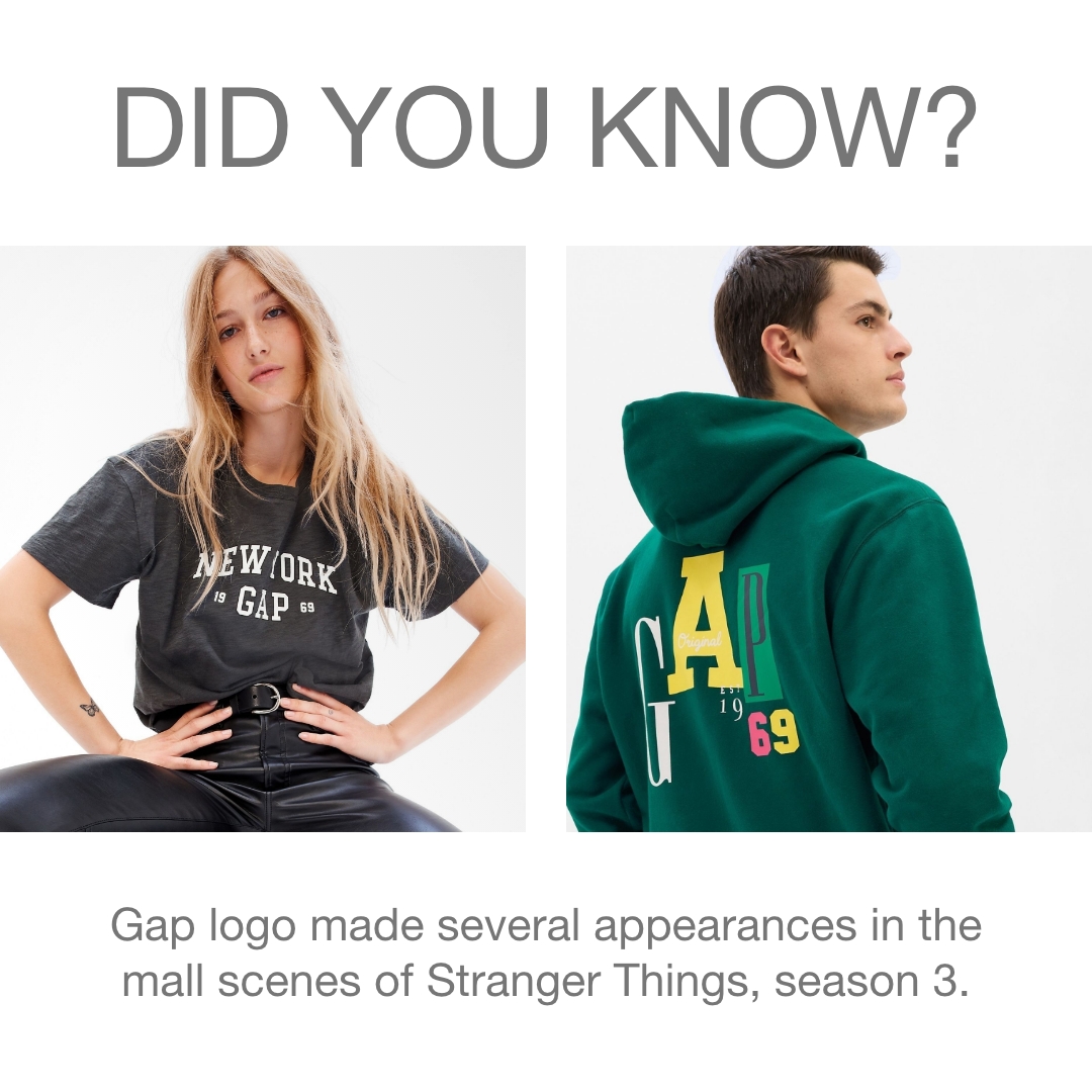 UKGap's tweet image. Did you know? Gap logo featured in the Netflix hit Stranger Things. 

Our logo hoodies and tees are even more iconic today than they were in the '80s. 

Visit our logo shop: bit.ly/3JaLym2