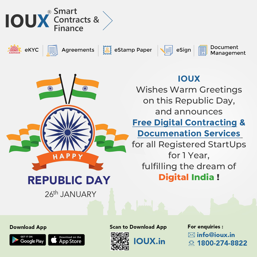 IOUXnetwork's tweet photo. #IOUX Wishes Warm Greetings on this Republic Day, and announces Free Digital Contracting &amp; Documentation Services for all Registered #startups for 1 Year, fulfilling the dream of Digital India!
https://t.co/CmvYYcKfTE
For enquiries : 1800-274-8822
#republicday2023 #digitalindia https://t.co/cD5YOMS3i7