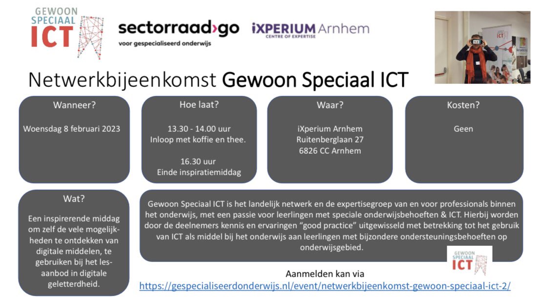 Schrijf je zonder kosten in voor de inspirerende Netwerkbijeenkomst Gewoon Speciaal ICT op woensdagmiddag 08-02-2023 in het iXperium in Arnhem via gespecialiseerdonderwijs.nl/event/netwerkb…