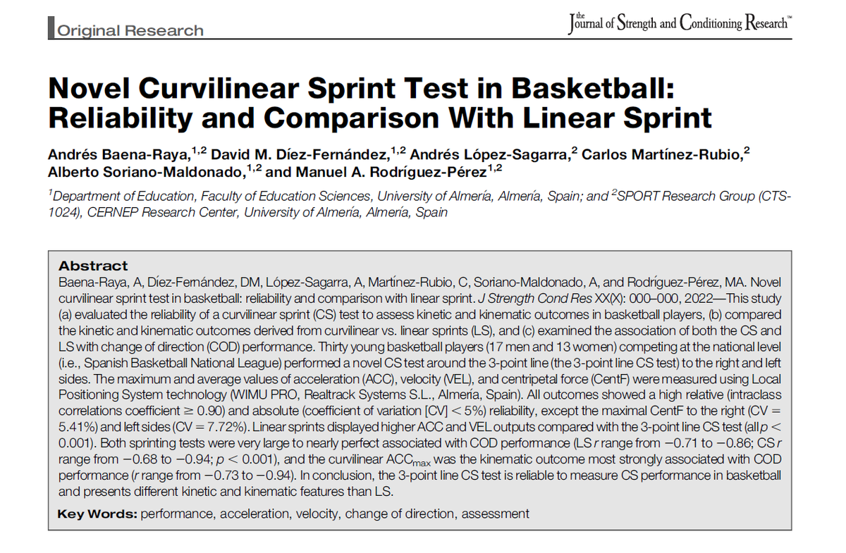 andresbaena96's tweet photo. 🚨Honored to see our paper published in @JSCRonline 🗞️

NEW CURVILINEAR SPRINT TEST IN BASKETBALL 🏀

"3-point line curve sprint test"
✅Reliable test
⛓️Different kinetic and kinematic features than linear sprint (ACC, VEL, CentF)
⚡️Strongly associated with COD performance https://t.co/QTO88J65ea
