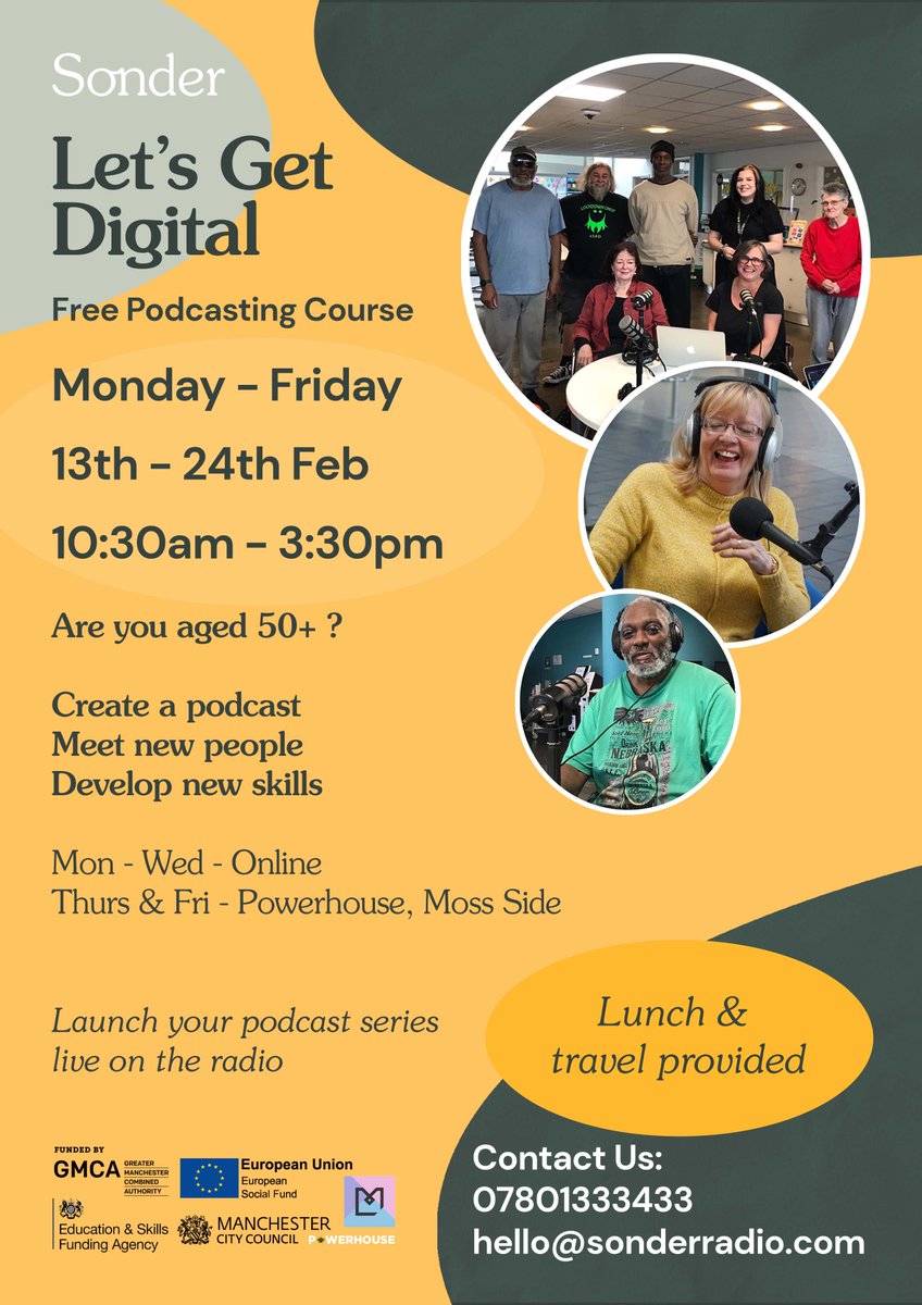 Interested in a FREE podcasting course and aged 50+? @SonderRadio are running their 'Let's Get Digital' course starting on the 13th February. You will work with other participants to create a live radio show! The course is free to attend, no previous experience is needed.