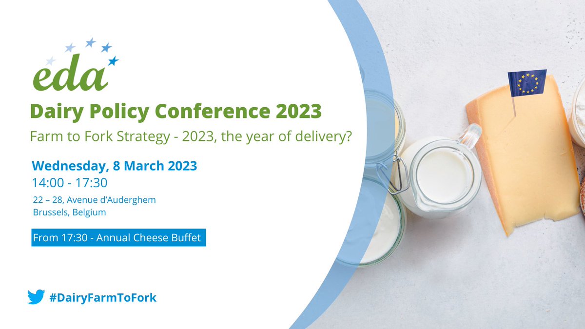 EDA_Dairy's tweet image. Save the date! 📢

Our 2023 Dairy Policy Conference will take place on Wednesday 8 March in Brussels, where we will take stock of the main initiatives announced in the #EUFarmToFork Strategy. 

Registrations will open soon — stay tuned!

More details: bit.ly/3Wzk5gU