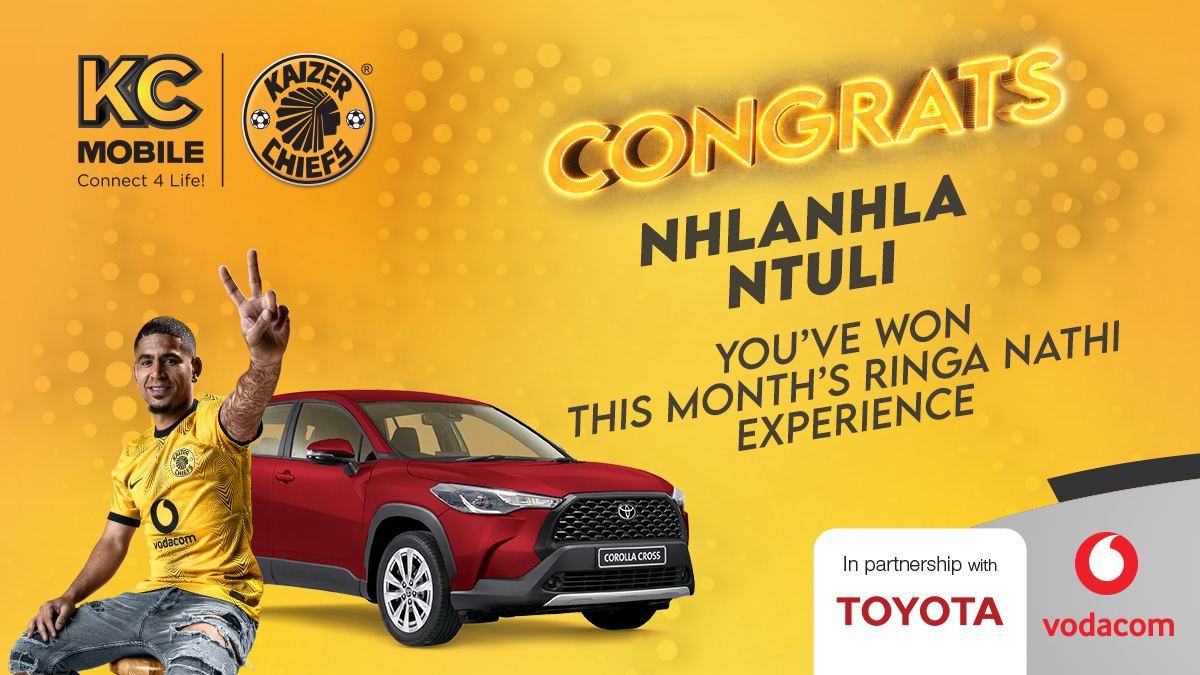 KaizerChiefs's tweet photo. Congratulations to Nhlanhla Ntuli for being the current winner of the #RingaNathi Experience

To stand a chance to win the next #RingaNathi Experience and an entry to the grand prize draw of a 
@ToyotaSA Corolla Cross XS at the end of the season...

#KCMobile #KCMToyotaGiveaway https://t.co/XNVSLfs3of