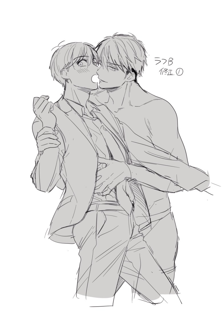 こちらラフBが本採用になるまでの修正遍歴です✍️
①初期ラフBからポーズ動き出す、名取の表情変更の要望を反映
②名取の表情エッチに、肌蹴させる
③表情戻す
④脱ぎかけのスーツでポーズの動きががぼやけるのでシャツに変更
最終ラフ完成!という感じでした☺️ https://t.co/Nv9BXacyb1