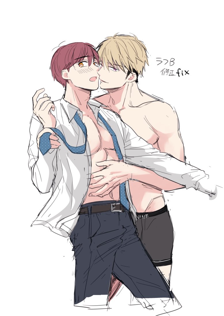 こちらラフBが本採用になるまでの修正遍歴です✍️
①初期ラフBからポーズ動き出す、名取の表情変更の要望を反映
②名取の表情エッチに、肌蹴させる
③表情戻す
④脱ぎかけのスーツでポーズの動きががぼやけるのでシャツに変更
最終ラフ完成!という感じでした☺️ https://t.co/Nv9BXacyb1