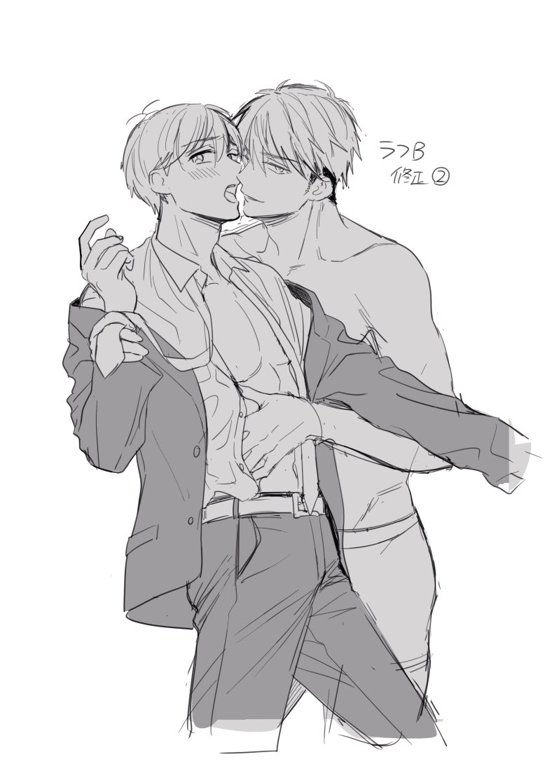 こちらラフBが本採用になるまでの修正遍歴です✍️
①初期ラフBからポーズ動き出す、名取の表情変更の要望を反映
②名取の表情エッチに、肌蹴させる
③表情戻す
④脱ぎかけのスーツでポーズの動きががぼやけるのでシャツに変更
最終ラフ完成!という感じでした☺️ https://t.co/Nv9BXacyb1