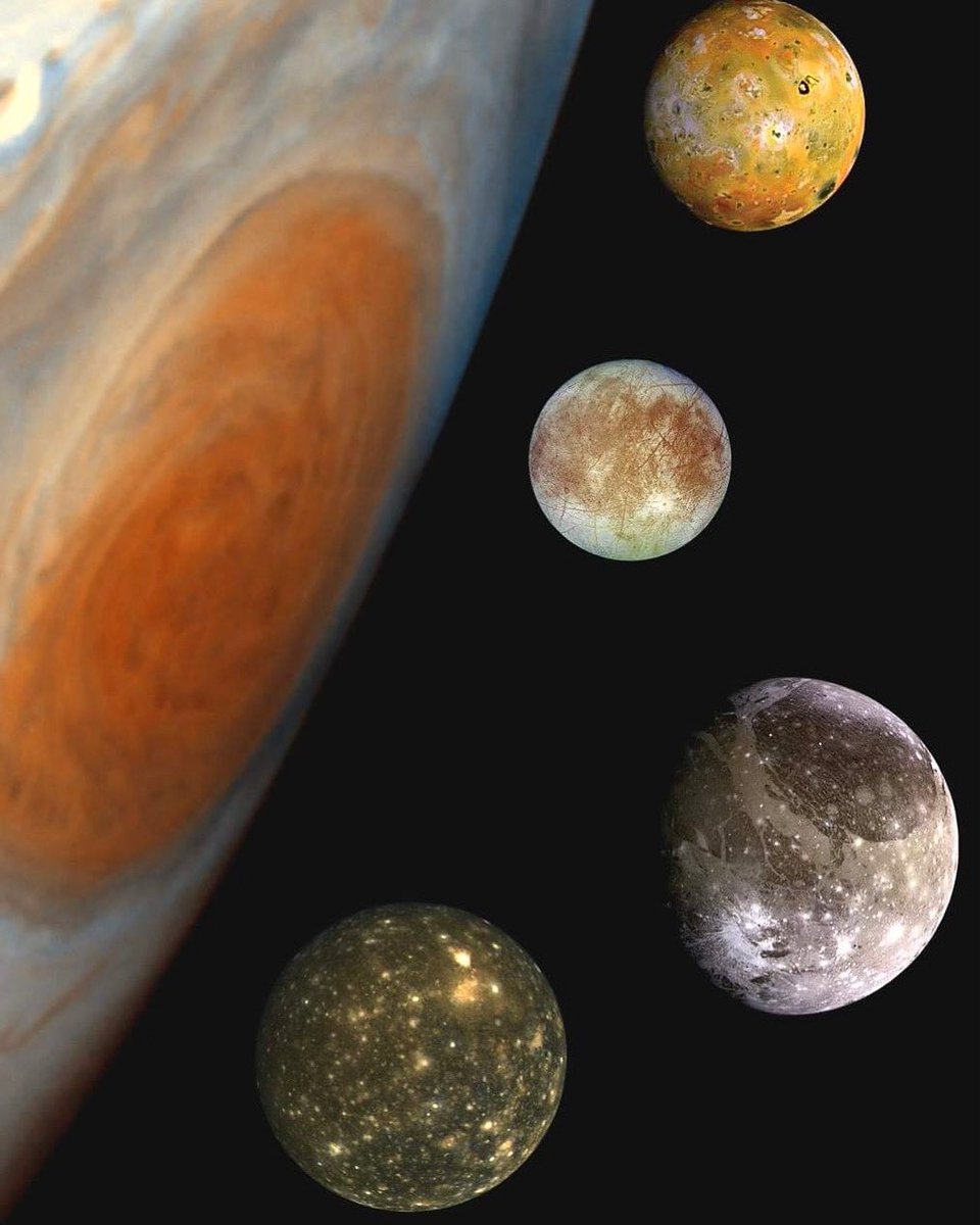 Jupiter &amp; its 4 largest moons.

Io, Europa, Ganymede &amp; Callisto. 

@IRF_Space = 2 payloads - @ESA_JUICE mission. Launch = April.

Image cred: NASA/JPL/DLR #ESAJuice #irfspace #sweden https://t.co/jWCYkv6OFD