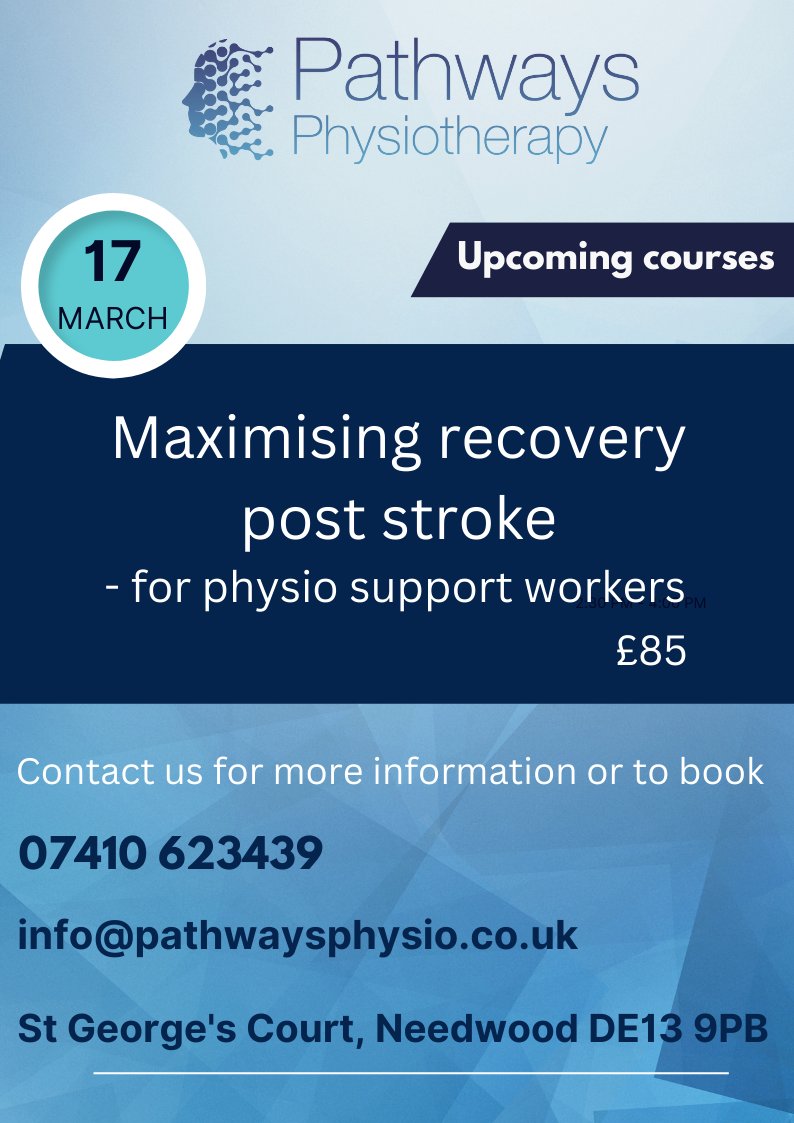 New course alert!

1 day course suitable for therapy support workers. Mix of theory and practical looking at practical and evidence based strategies for stroke recovery