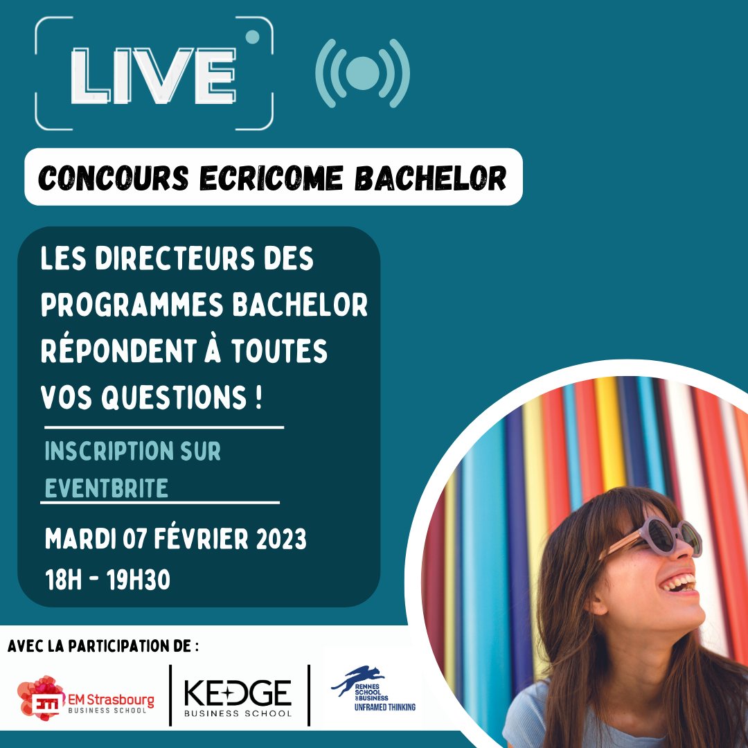 ⏰ #SaveTheDate RDV le 7/02, de 18h à 19h30 pour un #LIVE en visioconférence pour découvrir les modalités de recrutement pour le concours <a href="/ecricome/">Concours Ecricome</a> #BACHELOR. 
Inscrivez-vous : eventbrite.fr/e/billets-live…