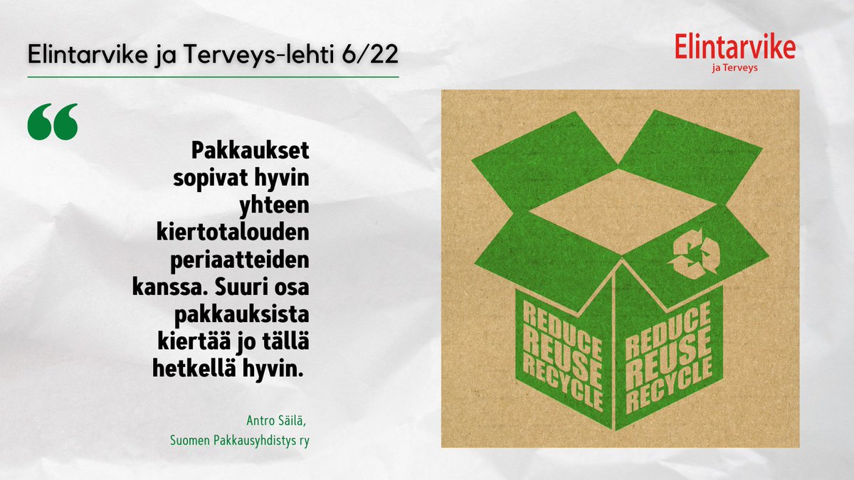 Antro Säilän <a href="/PakkausCom/">Pakkausyhdistys</a> artikkeli "Pakkausten merkitys elintarvikkeiden kuljetuksissa" Elintarvike ja Terveys-lehdessä 6/2022. Tilaa oma lehti täältä: ymparistojaterveys.fi/tuote/elintarv… #pakkaukset #elintarvikekuljetukset #omavalvonta