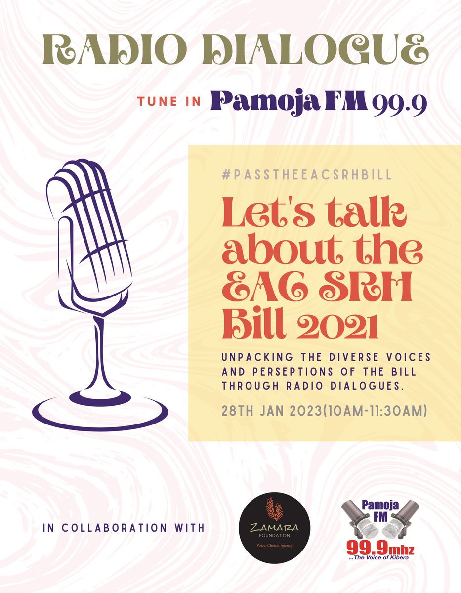 This Saturday, we are in Kibra at @PamojaFMradio (99.9) for our second radio dialogue, as we discuss about the #EACSRHBill with powerful young mothers. Unpacking what it will mean for them if the bill is passed.

Supported by @genderandhealth 

#PassTheEACSRHBill 
#ZamaraVoices