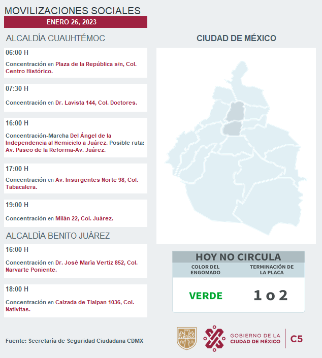 ⚠🗓 #ENTÉRATE | Para hoy, 26 de enero 2023, estas son las movilizaciones sociales previstas en la Ciudad de México.

#C5ConConfianza #MovilidadCDMX