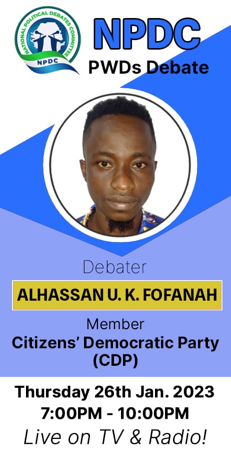 npdcsl's tweet photo. Final Debate TODAY for January 2023: PWDs in Political Parties.
@NDI 
@EUinSierraLeone 
@UKinSierraLeone 
@USEmbFreetown 
@IrlEmbFreetown 
@ECsalone https://t.co/i6i1FB1ruk