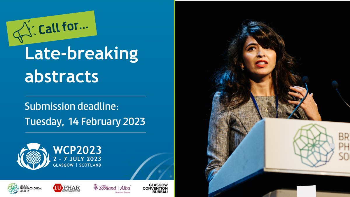 📣 Share your late-breaking research at #WCP2023! Submit a late-breaking abstract by 14 February 2023: wcp2023.org/abstracts

❗ Don't miss this last chance to share your research in Glasgow this July with pharmacologists from around the world! 🌍

<a href="/IUPHAR/">IUPHAR</a> <a href="/BritPharmSoc/">British Pharmacological Society</a>