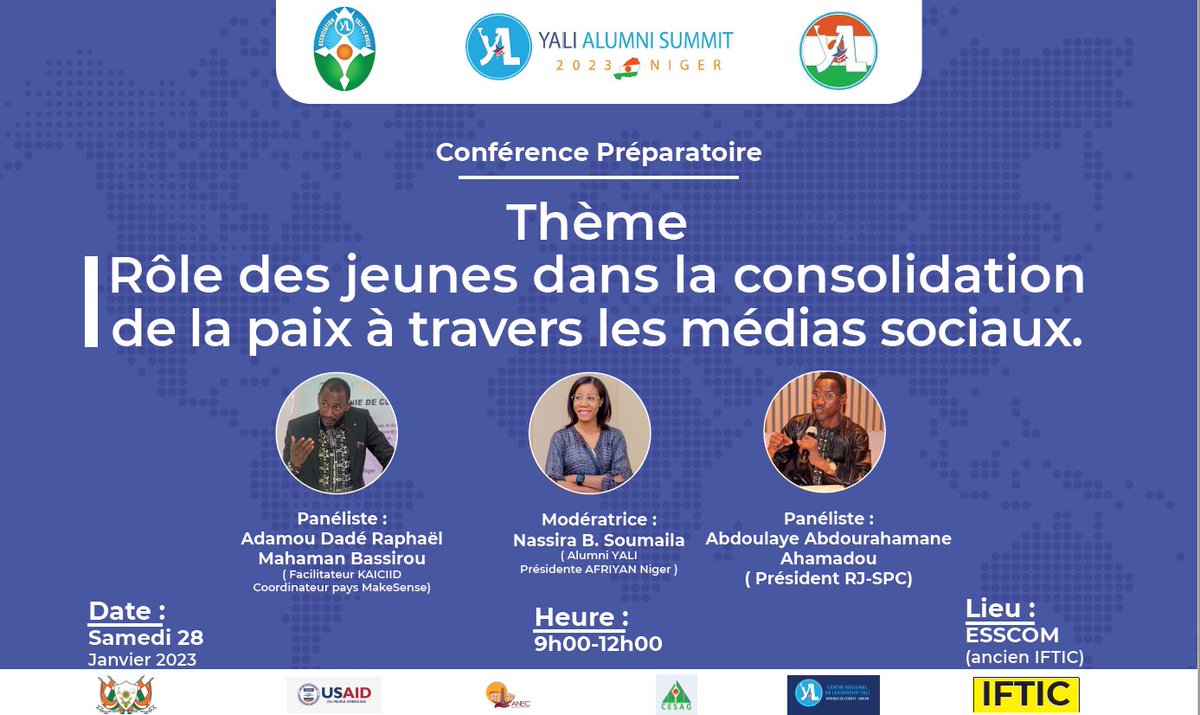 1ère Conférence Préparatoire du Sommet des Alumni YALI

Chers tous,

L’Association YALI RLC Niger vous invite à participer à la toute première activité rentrant dans le cadre de l'organisation du Sommet des Alumni YALI.

Let's Meet There