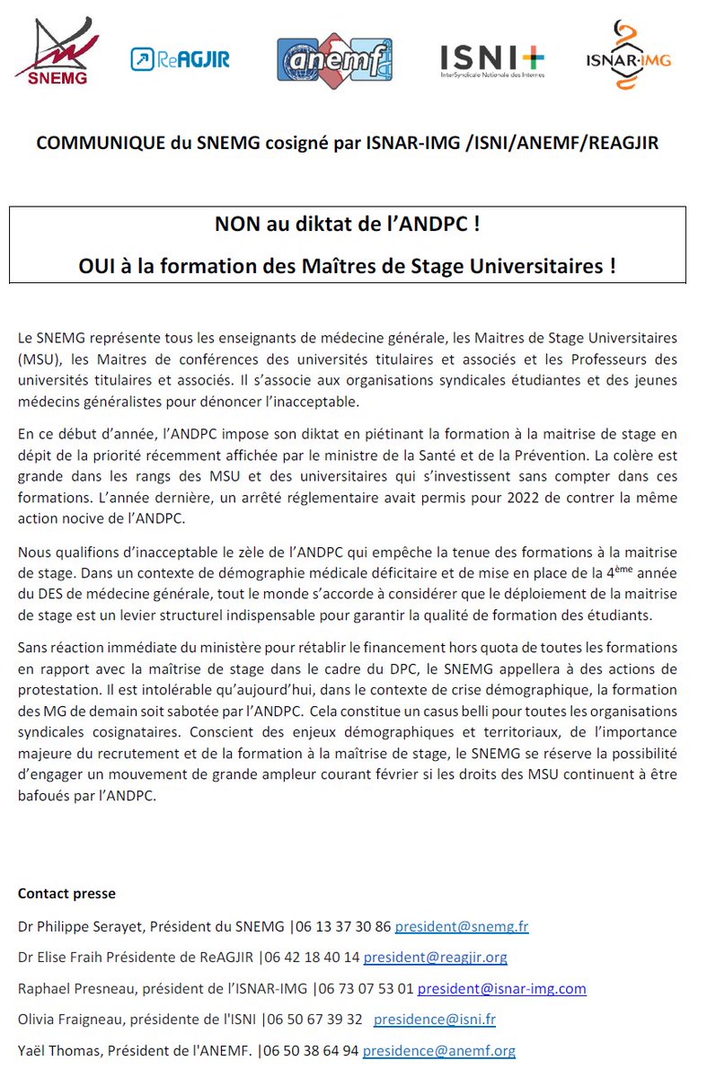 Communiqué du SNEMG cosigné avec syndicats étudiants et jeunes médecins.
Message clair et d'unité au Ministère et à l'ANDPC