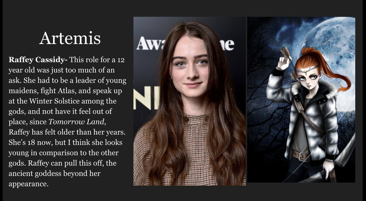 Artemis: Raffey Cassidy (the one I'm the least confident in. Casting a God as a young age is super hard)