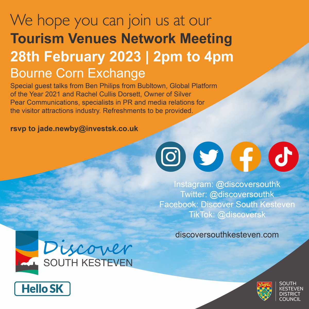 South Kesteven District Council are hosting a Tourism Venues Network Meeting on the 28h February, a week today, at 2pm at the Bourne Corn Exchange. If you work in the visitor economy in South Kesteven, please come along! 
#Tourism #VisitorEconomy #HelloSK