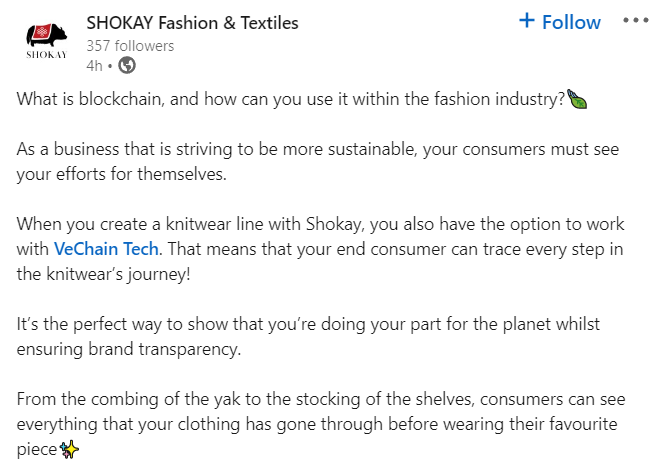 eisenreich's tweet photo. VeChain x Shokay 🧶

"Here at Shokay, we proudly collaborate with #VeChain so that you can offer your consumer a #sustainable knitwear line that is completely #traceable and ethically sourced!" 👏

#VeChainTech $VET #Blockchain #Technology #Sustainability #Fashion #Business https://t.co/3lGLfkWUgv