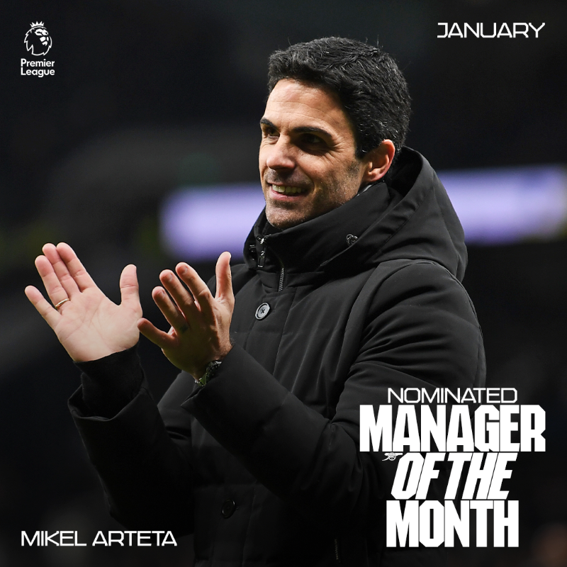 Arsenal's tweet photo. Mikel Arteta has been nominated for the @PremierLeague Manager of the Month 🙌

Well done to to the boss and his staff ❤️